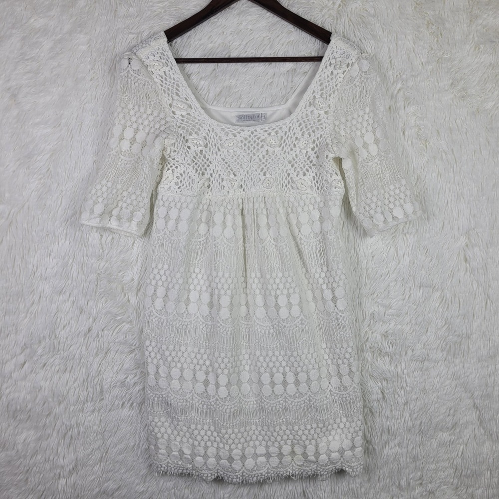 Solitaire Ravi Khosla White Lace Crochet Mini Dress Square‎ Neck Half Sleeve M